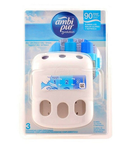 Ambi Pur elektrische luchtverfrisser en navulling voor huisdecoratie, met een modern apparaat en refill in een huis- en kookomgeving