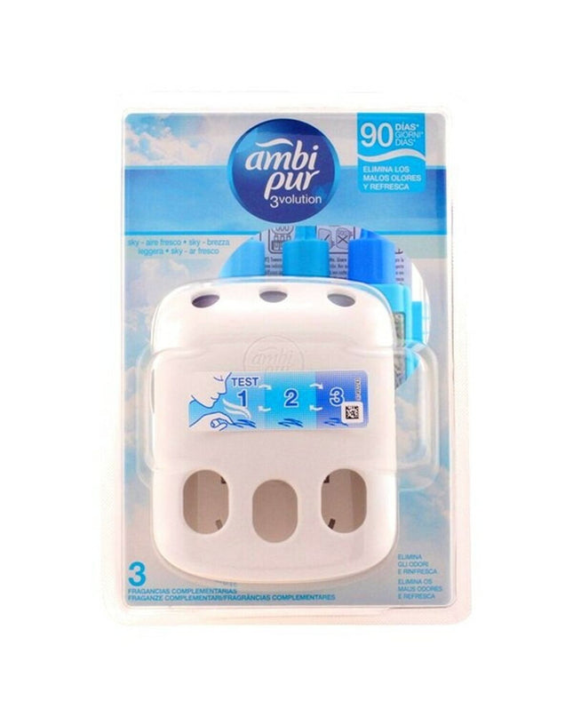 Ambi Pur elektrische luchtverfrisser en navulling voor huisdecoratie, met een modern apparaat en refill in een huis- en kookomgeving