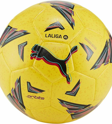 Yellow Puma ORBITA LA LIGA 1 soccer ball for size 5, featuring a sporty design suitable for outdoor play.