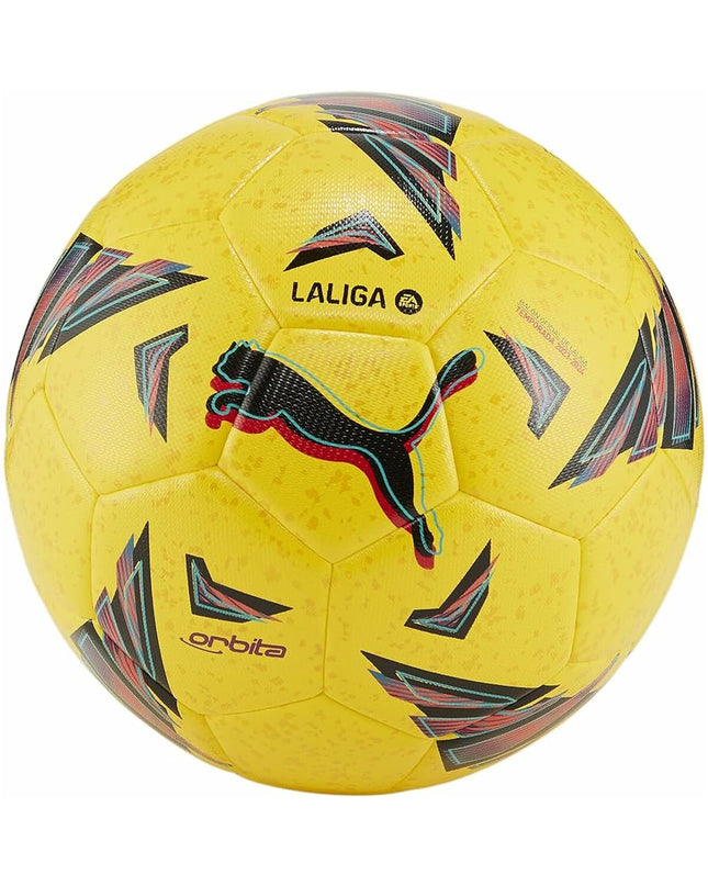 Yellow Puma ORBITA LA LIGA 1 soccer ball for size 5, featuring a sporty design suitable for outdoor play.
