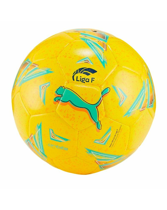 Yellow Puma Orbita Liga F soccer ball size 5, designed for sports and outdoor play, with detailed textured surface.