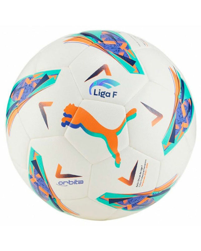 Puma Orbita Liga F multicolour football in size 4, designed for outdoor soccer, with a white background and colorful panel details.