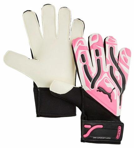 Puma Ultra Play C Poison goalkeeper gloves in dark pink, designed for soccer and outdoor sports, with padded palms and adjustable wrist straps.
