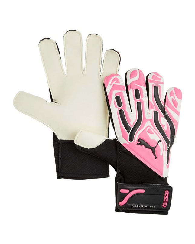 Puma Ultra Play C Poison goalkeeper gloves in dark pink, designed for soccer and outdoor sports, with padded palms and adjustable wrist straps.