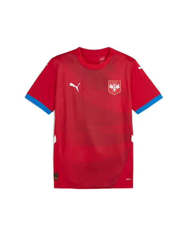 Puma Serbia 2024 men's short sleeve football T-shirt, sporty outdoor shirt with team logo and vibrant design.