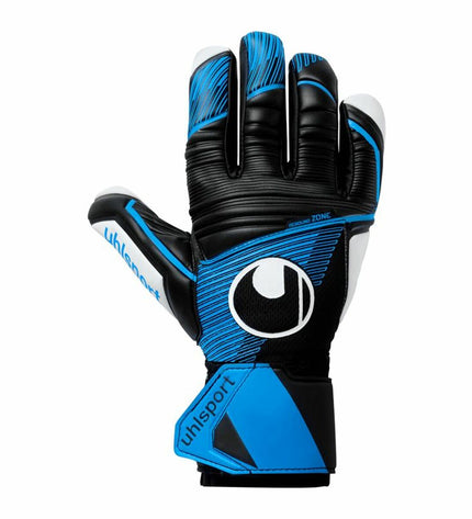 Blue Uhlsport Keeperhandschoenen for adults, designed for soccer, with padded palms and adjustable wrist straps.