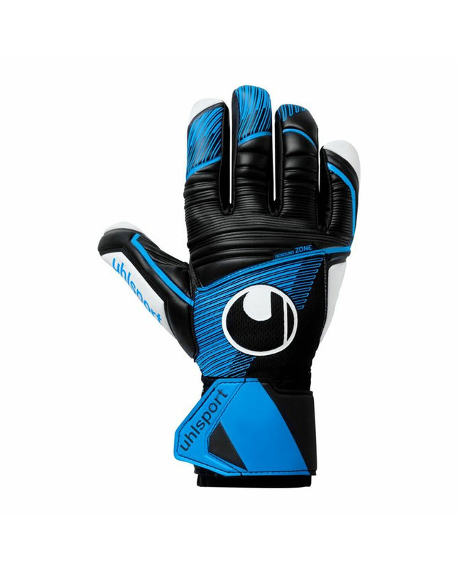 Blue Uhlsport Keeperhandschoenen for adults, designed for soccer, with padded palms and adjustable wrist straps.