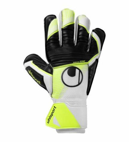 Black Uhlsport Soft Advanced goalkeeper gloves for adults, designed for football and outdoor sports.
