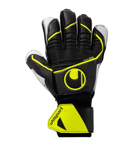 Black Uhlsport Soft Flex Frame Jr goalkeeper gloves for youth football, showcasing padded palms and flexible wrist straps.