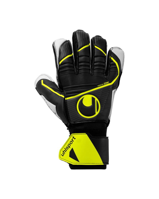 Black Uhlsport Soft Flex Frame Jr goalkeeper gloves for youth football, showcasing padded palms and flexible wrist straps.