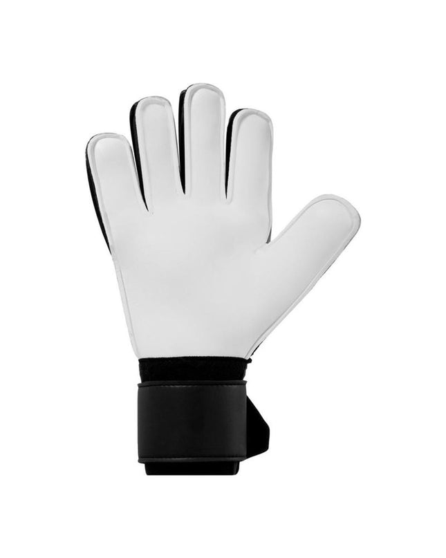 Black Uhlsport Soft Flex Frame Jr goalkeeper gloves for youth soccer, showing the textured palm and secure wrist strap.