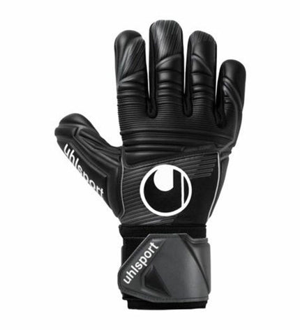 Black Uhlsport football goalkeeper gloves for adults, designed for comfort and durability in sport and outdoor soccer activities.