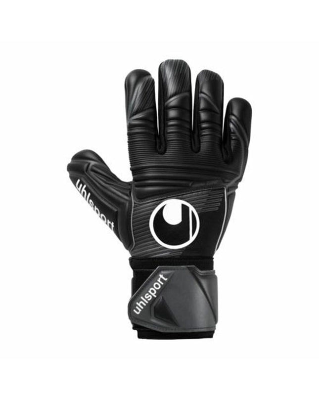 Black Uhlsport football goalkeeper gloves for adults, designed for comfort and durability in sport and outdoor soccer activities.