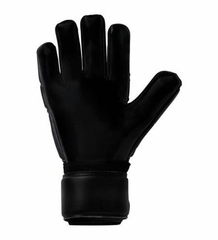 Black Uhlsport Keeperhandschoenen for adults, designed for soccer goalkeeping, featuring comfort and durable grip.