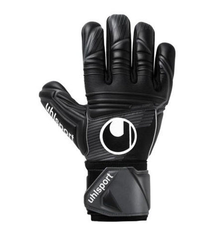 Black Uhlsport Comfort goalkeeper gloves for adults, designed for soccer and outdoor sports, with padded palms and secure wrist straps.