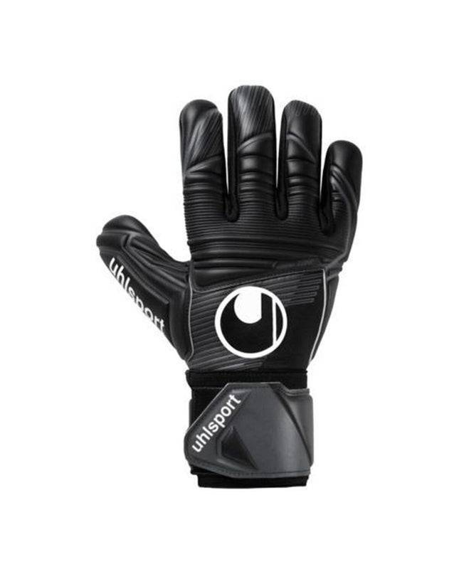 Black Uhlsport Comfort goalkeeper gloves for adults, designed for soccer and outdoor sports, with padded palms and secure wrist straps.