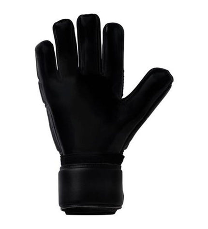 Black Uhlsport Comfort goalkeeper gloves for adults, designed for soccer and outdoor sports, featuring padded palms and secure wrist straps.