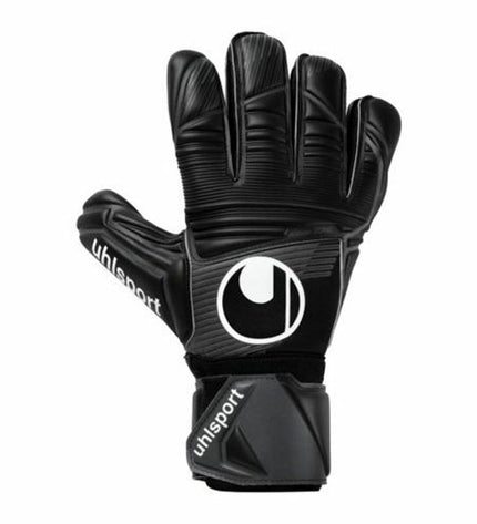 Black Uhlsport goalkeeper gloves for adults, designed for football and outdoor sports, with padded palms and secure wrist straps.