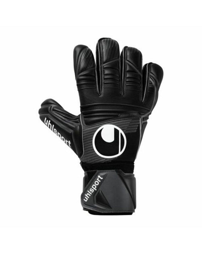 Black Uhlsport goalkeeper gloves for adults, designed for football and outdoor sports, with padded palms and secure wrist straps.