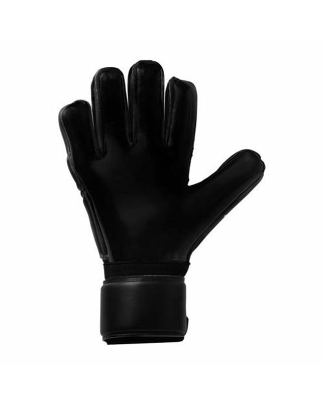 Black Uhlsport goalkeeper gloves with padded palms and adjustable wrist straps, designed for adult soccer players.