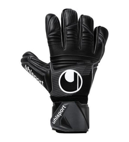 Black Uhlsport Keeperhandschoenen for adults, designed for soccer goalkeeping, with padded palms and adjustable wrist straps.