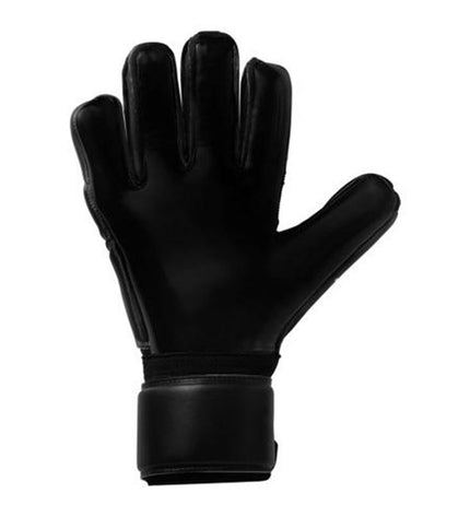 Black Uhlsport Comfort goalkeeper gloves for adults, designed for football, with padded palms and secure wrist straps.