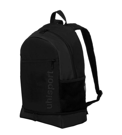 Black Uhlsport Essential sports bag with handle and zipper, ideal for outdoor and fan activities.