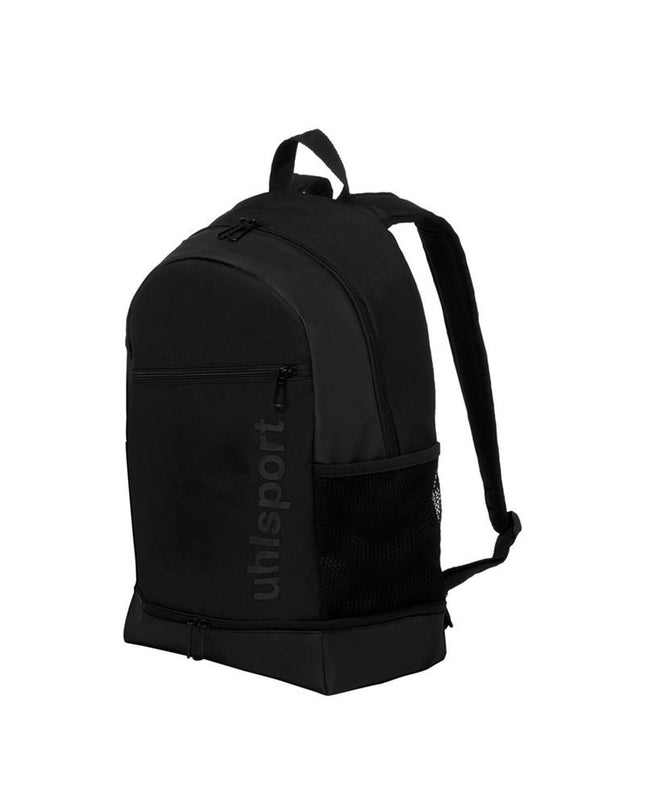 Black Uhlsport Essential sports bag with handle and zipper, ideal for outdoor and fan activities.