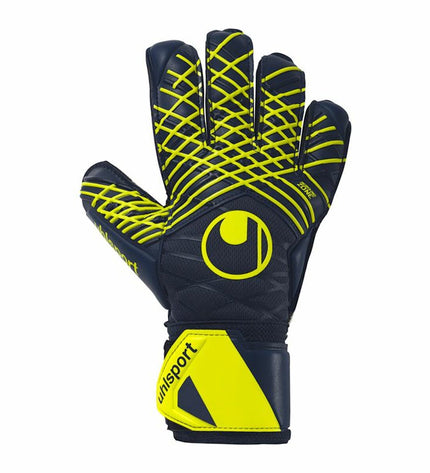 Blue Uhlsport Prediction Soft goalkeeper gloves for adults, designed for soccer and outdoor sports.