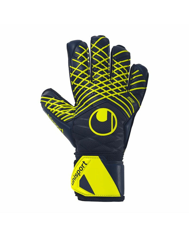 Blue Uhlsport Prediction Soft goalkeeper gloves for adults, designed for soccer and outdoor sports.