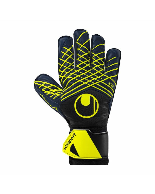 Blue Uhlsport Prediction Soft Pro goalkeeper gloves for adults, designed for soccer and outdoor sports.