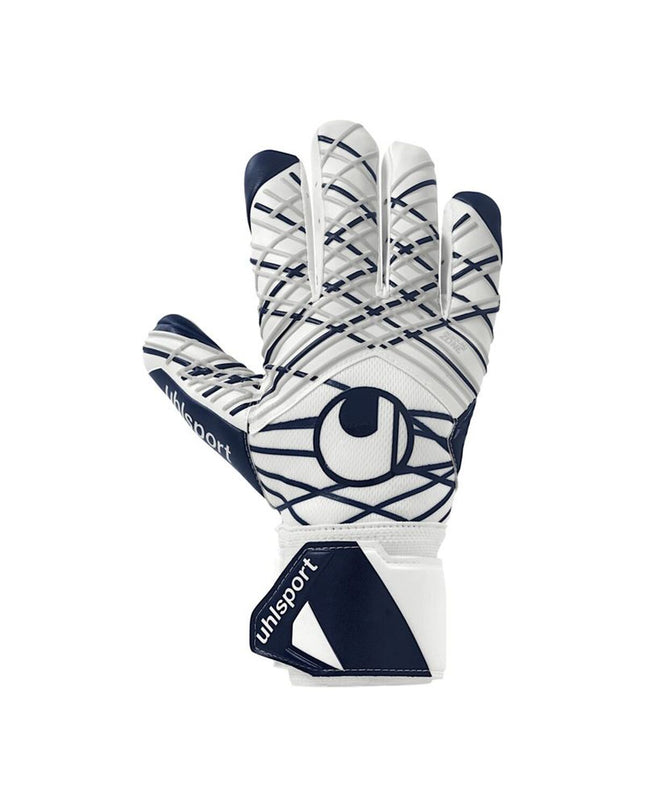 Adult Uhlsport Supersoft goalkeeper gloves in white with padded palms for sports and outdoor football activities.