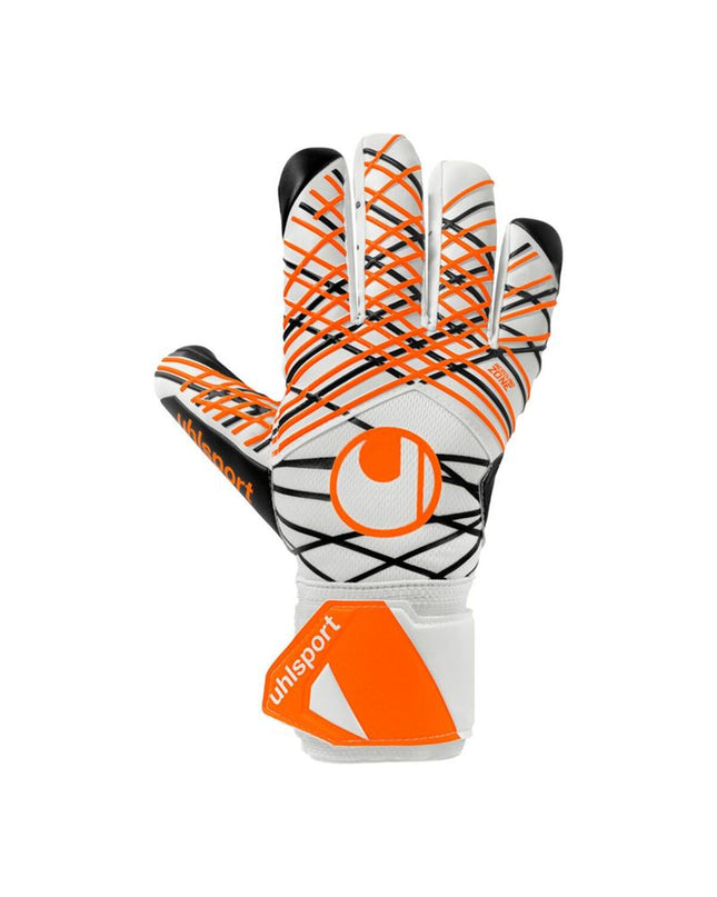 Uhlsport Keeperhandschoenen Soft HN Comp voor volwassenen, voetbal en sport, witte goalkeeper handschoenen, close-up of gloves