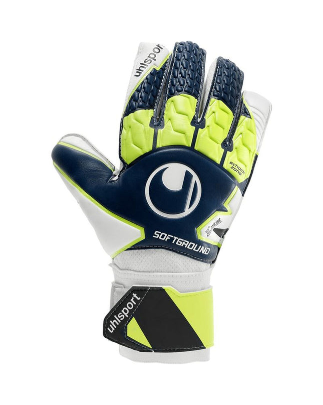 Yellow Uhlsport Soft Advanced goalkeeper gloves for adults, designed for soccer and outdoor sports, with padded palms and flexible fit.