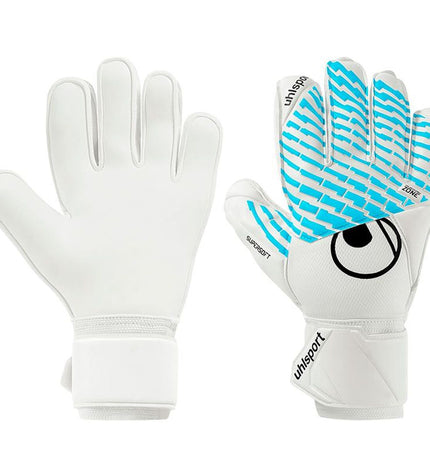 Uhlsport Keeperhandschoenen FM Cybertec Supersoft for adults, designed for football goalkeeping, with water-resistant features.