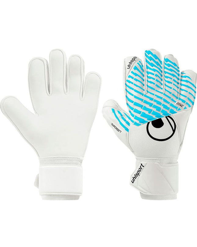 Uhlsport Keeperhandschoenen FM Cybertec Supersoft for adults, designed for football goalkeeping, with water-resistant features.