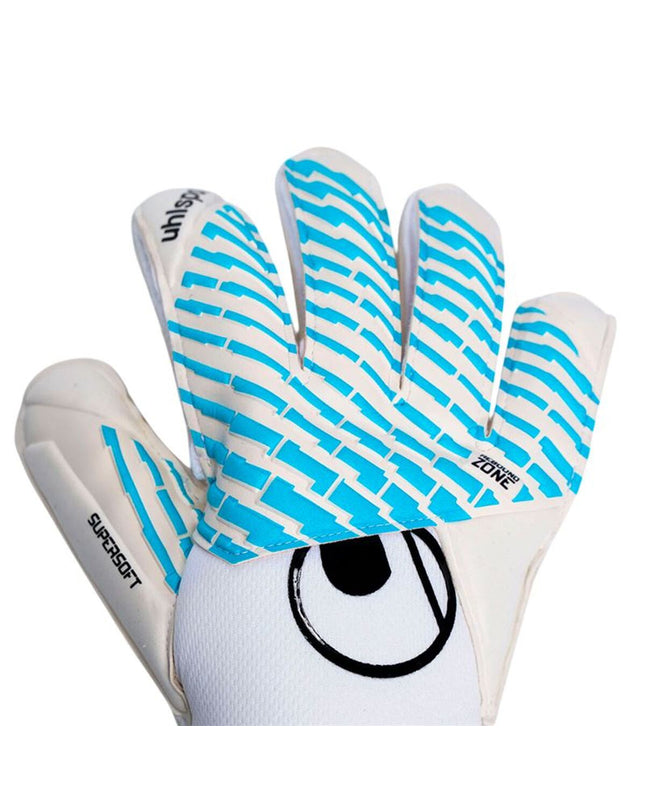 Uhlsport Keeperhandschoenen FM Cybertec Supersoft water-resistant adult football goalkeeper gloves on a white background.