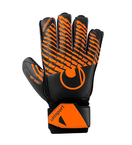Uhlsport Keeperhandschoenen FM Soft Resist+ Flex Frame in orange for adults, designed for soccer goalkeeping.
