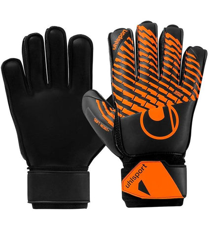 Uhlsport Keeperhandschoenen FM Soft Resist+ Flex Frame in orange for adults, designed for soccer goalkeeping.
