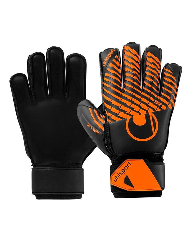 Uhlsport Keeperhandschoenen FM Soft Resist+ Flex Frame in orange for adults, designed for soccer goalkeeping.