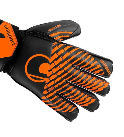 Orange Uhlsport Keeperhandschoenen FM Soft Resist+ Flex Frame for adults, designed for football goalkeeping and outdoor sports.