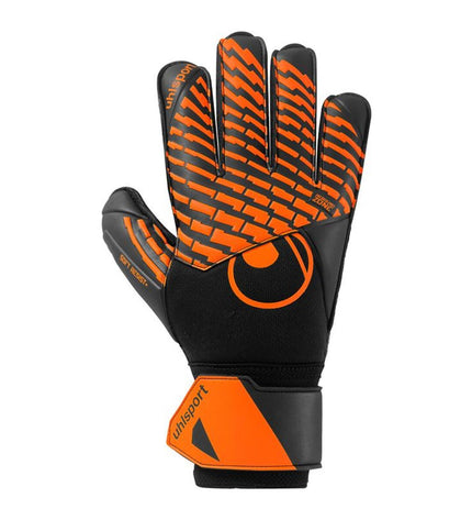 Orange Uhlsport Keeperhandschoenen FM Soft Resist+ for adults, designed for football goalkeeping, with padded palms and durable grip.