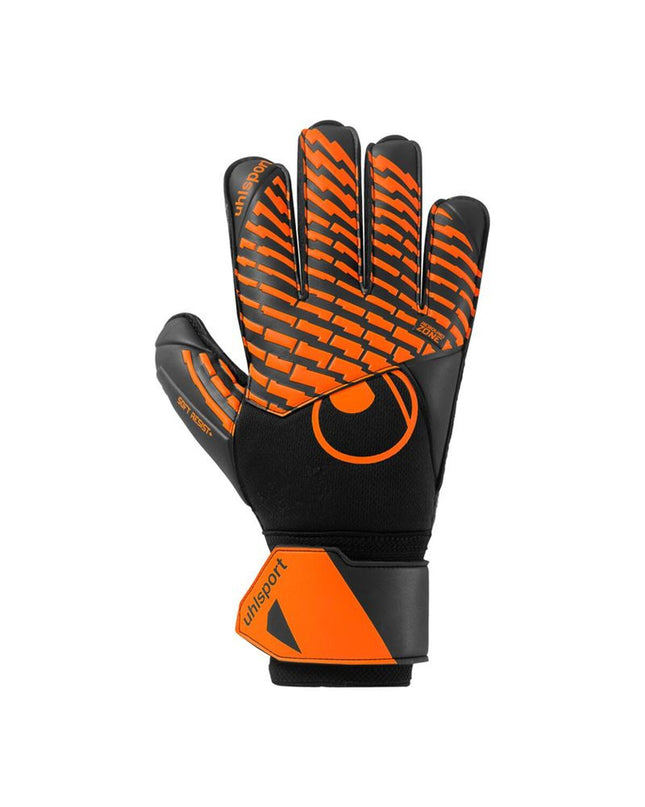 Orange Uhlsport Keeperhandschoenen FM Soft Resist+ for adults, designed for football goalkeeping, with padded palms and durable grip.