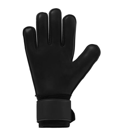 Orange Uhlsport goalkeeper gloves, FM Soft Resist+ model, designed for adult soccer players, with padded palms and adjustable wrist strap.