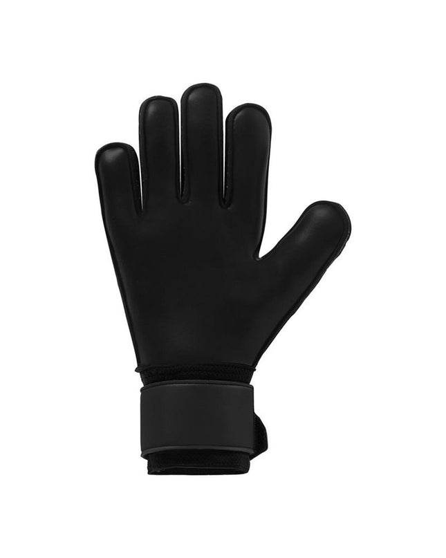 Orange Uhlsport goalkeeper gloves, FM Soft Resist+ model, designed for adult soccer players, with padded palms and adjustable wrist strap.