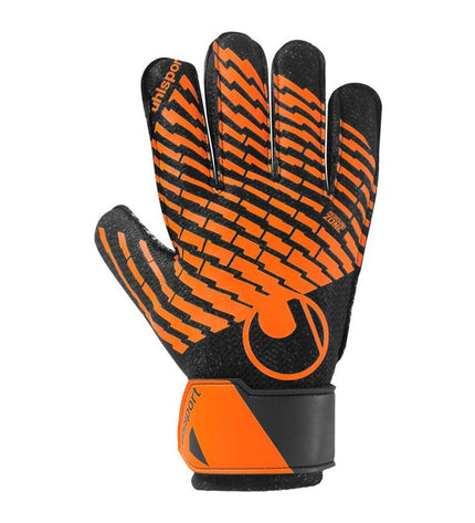 Orange Uhlsport Keeperhandschoenen FM Starter Resist+ for adults, designed for soccer goalkeeping, with durable padding and grip.