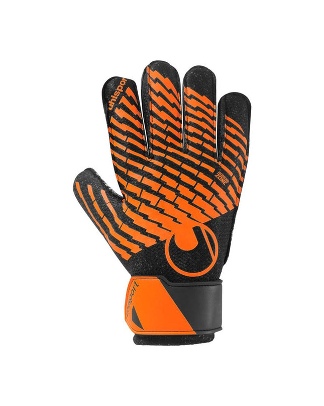 Orange Uhlsport Keeperhandschoenen FM Starter Resist+ for adults, designed for soccer goalkeeping, with durable padding and grip.
