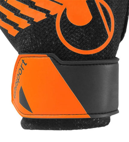 Orange Uhlsport FM Starter Resist+ goalkeeper gloves for adults, designed for football and outdoor sports.
