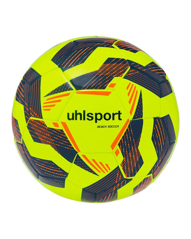 Yellow Uhlsport beach soccer ball size 5, designed for outdoor play, with bright yellow surface and brand logo visible.