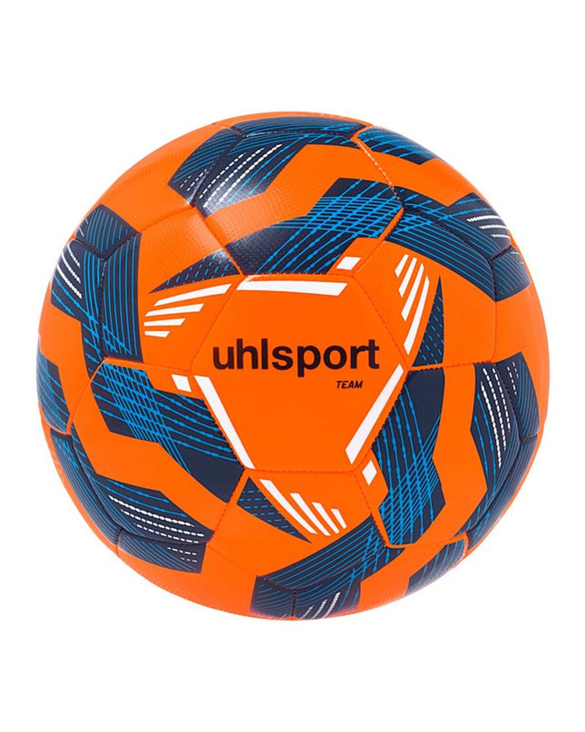 Orange Uhlsport Team size 5 football, outdoor sports equipment, close-up of the soccer ball with brand logo and textured surface.